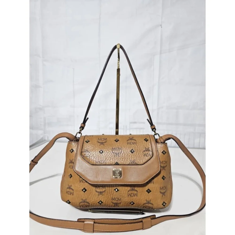 Authentic MCM Visetos Studded Crossbody Flap Messenger Cognac